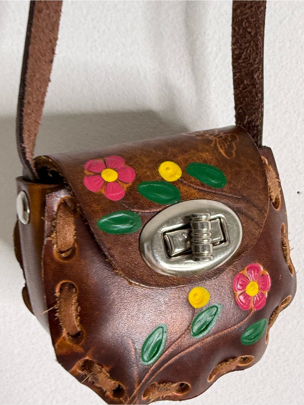 Brown Floral Mini Leather Crossbody Bag